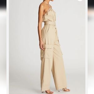 Halston Jumpsuit Women's Size 4 'Bari' Utilitarian Safari Chic Tan Beige